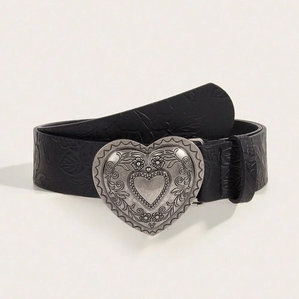 Black Casual Women's Versatile Buckle Printed Polyurethane Belt